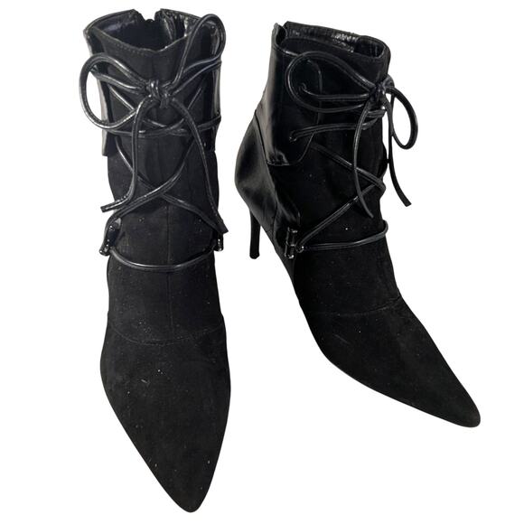 NINE WEST! BLACK GENUINE LEATHER & SUEDE POINTY TOE STILETTO ANKLE BOOTS! SZ 10M - Picture 1 of 13